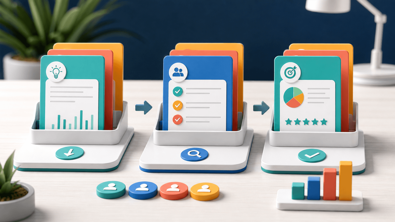 SaaS idea cards moving through review and verdict stages